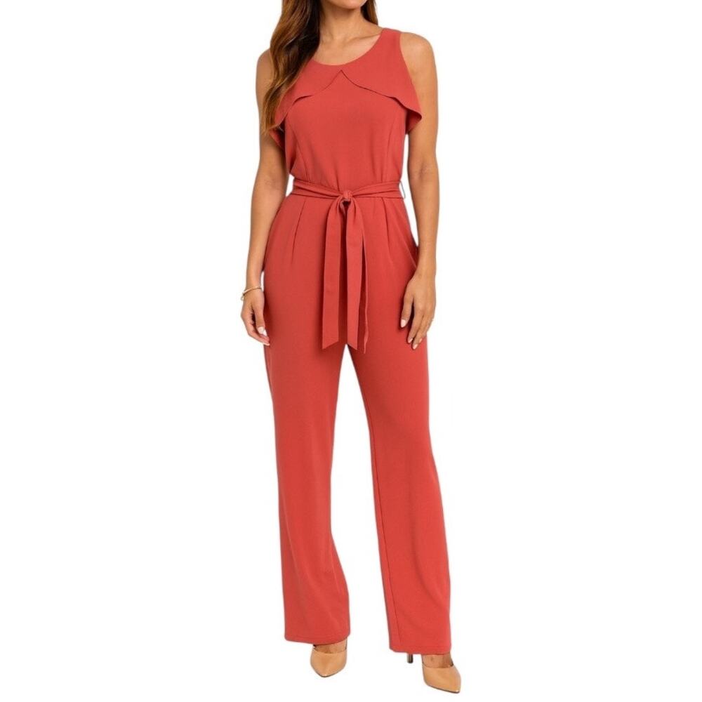 En Focus Studio Terracotta Coral Wide Leg Flutter Top Jumpsuit Size L 10 NWT